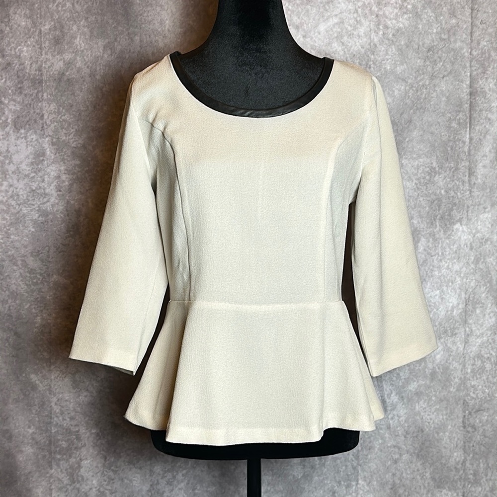 Peplum top w/faux leather trim at neck, Size S